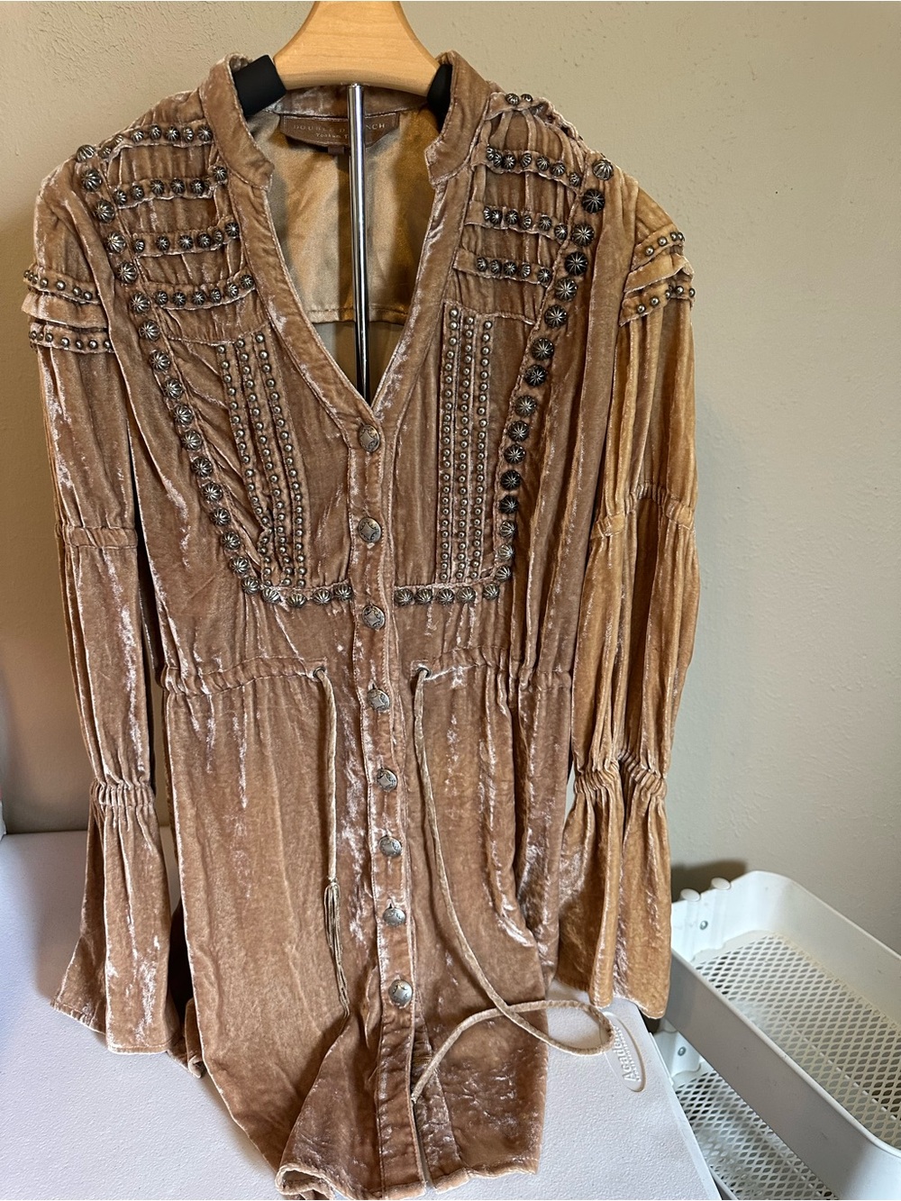 Western Embellished Velvet Button-Front Tunic Dress - Taupe